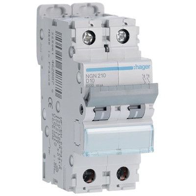 Disjoncteur 2P 6-10kA courbe D-10A- HAGER - NGN210